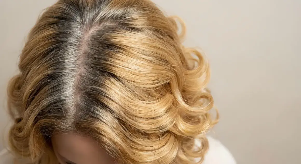 Zbliżenie na blond włosy z widocznymi ciemnymi odrostami i siwizną.