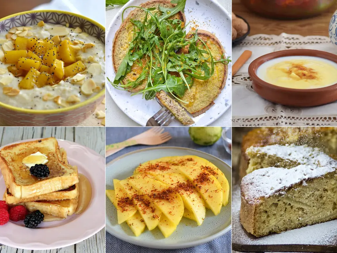 Variedad de recetas para merendar: avena con mango, tostadas francesas, mango en rodajas, pastel de manzana y más.