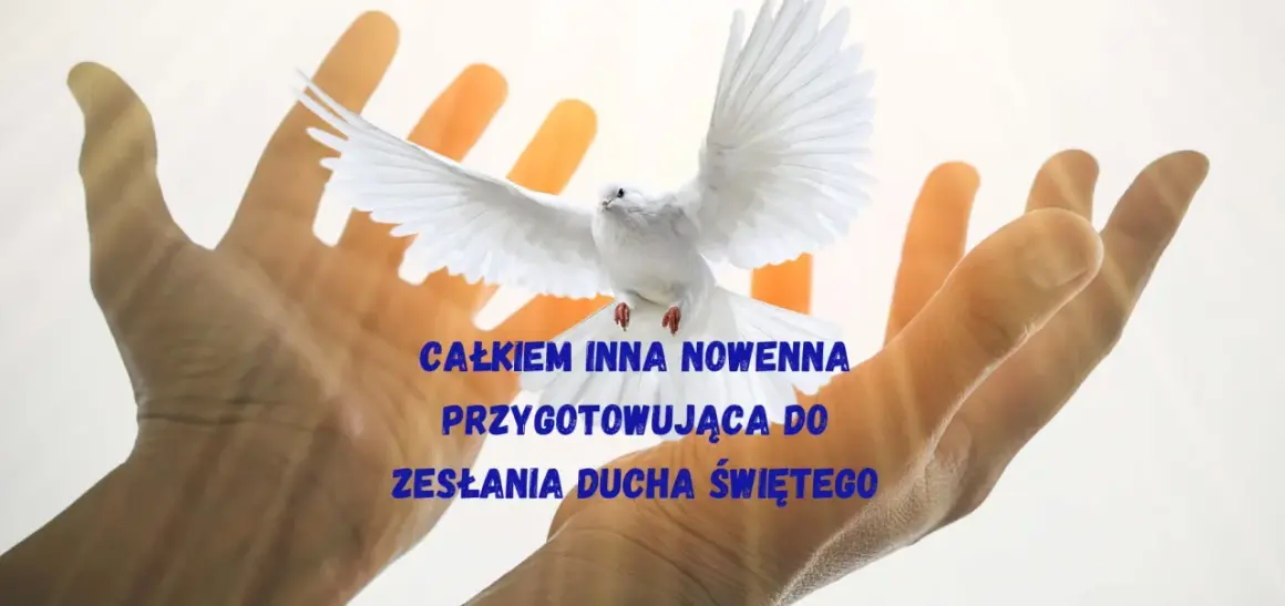 Dłonie otwarte ku niebu, biały gołąb symbolizuje obietnicę Ducha Świętego.