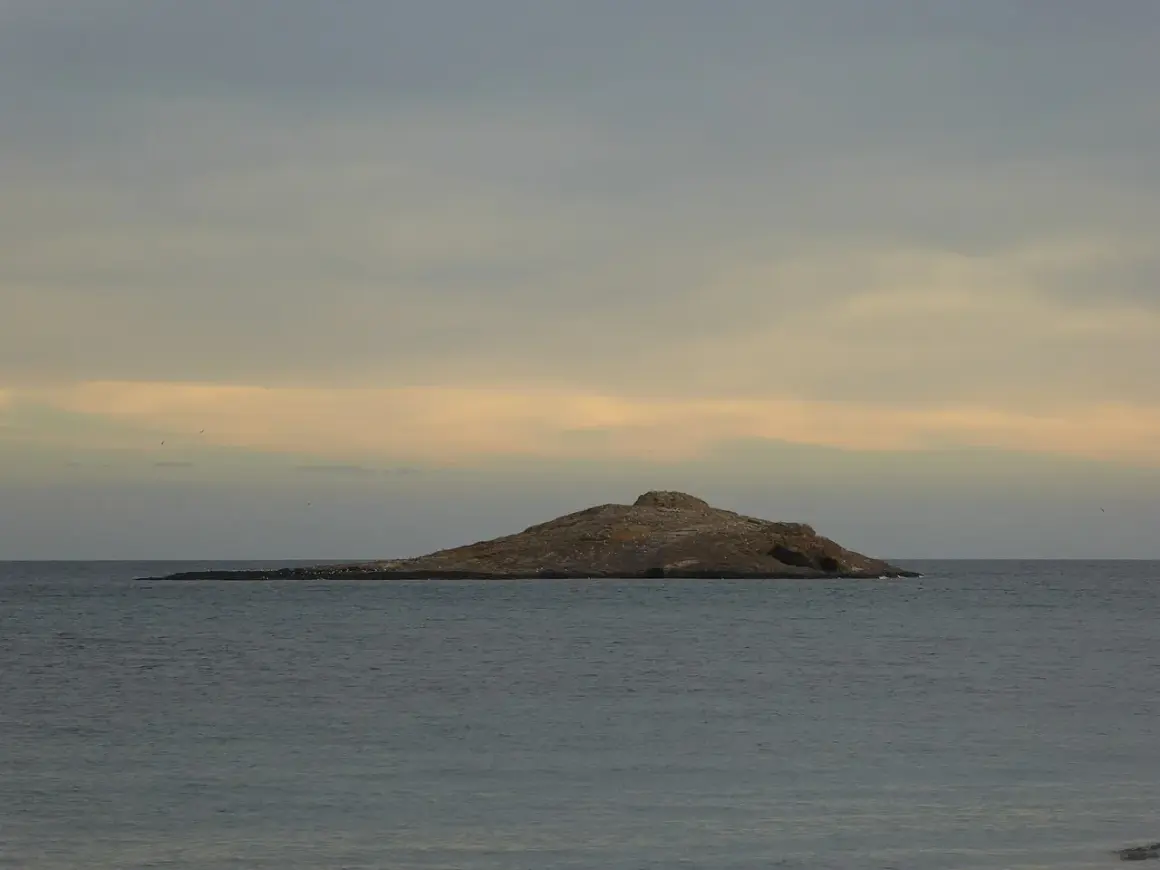 Isla de San Andrés, Almería, un islote rocoso en el mar con gaviotas posadas. Cielo nublado con tonos anaranjados.