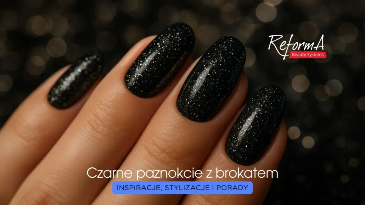 Eleganckie czarne paznokcie z brokatem, idealne na wieczorne wyjście.
