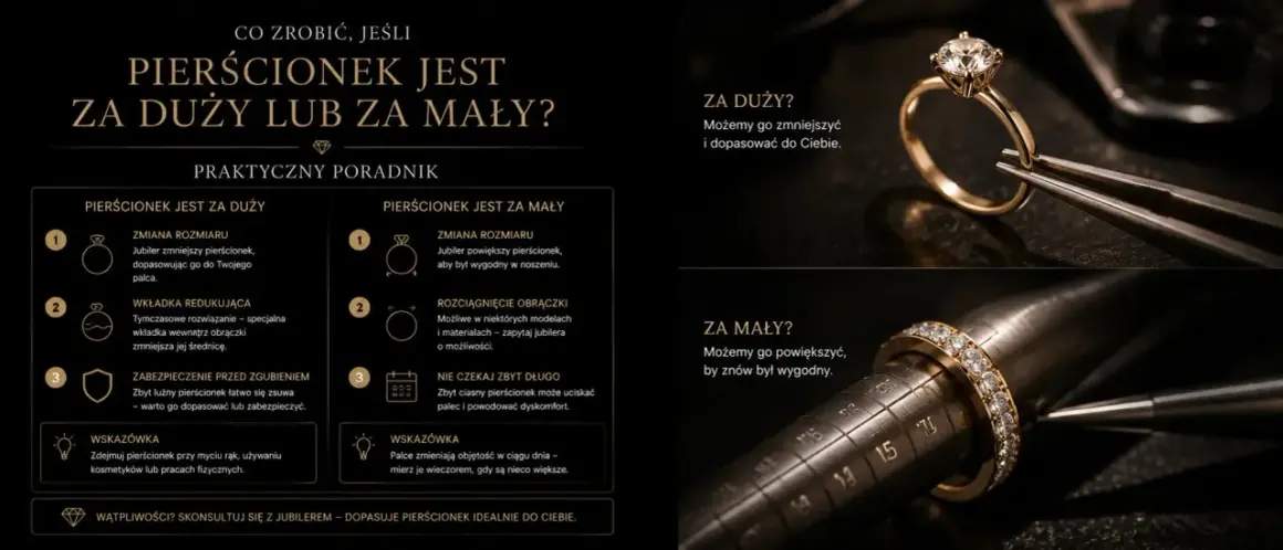 Złoty pierścionek z brylantami na stożku jubilerskim, pokazujący rozmiar 13. Poradnik, jak dopasować pierścionek, gdy jest za duży lub za mały.