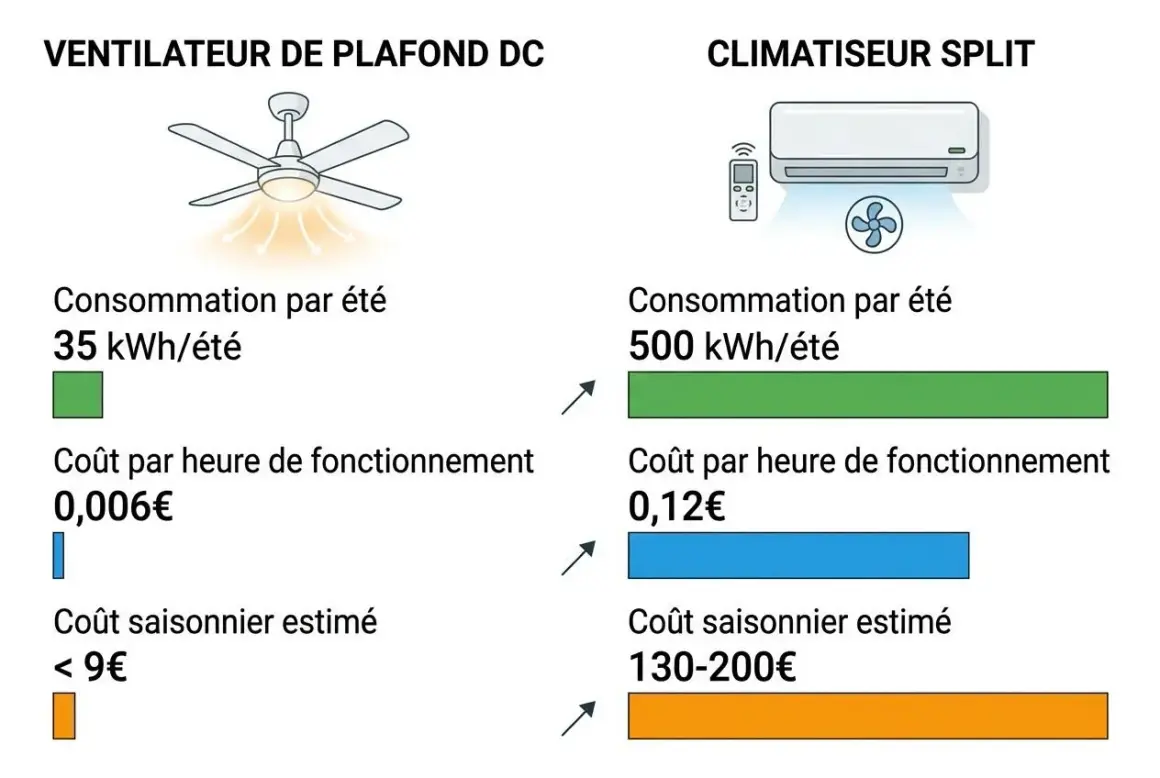 Comparaison de la consommation d'un ventilateur de plafond (35 kWh/été) et d'un climatiseur split (500 kWh/été). Le climatiseur consomme beaucoup plus, même en mode ventilation.