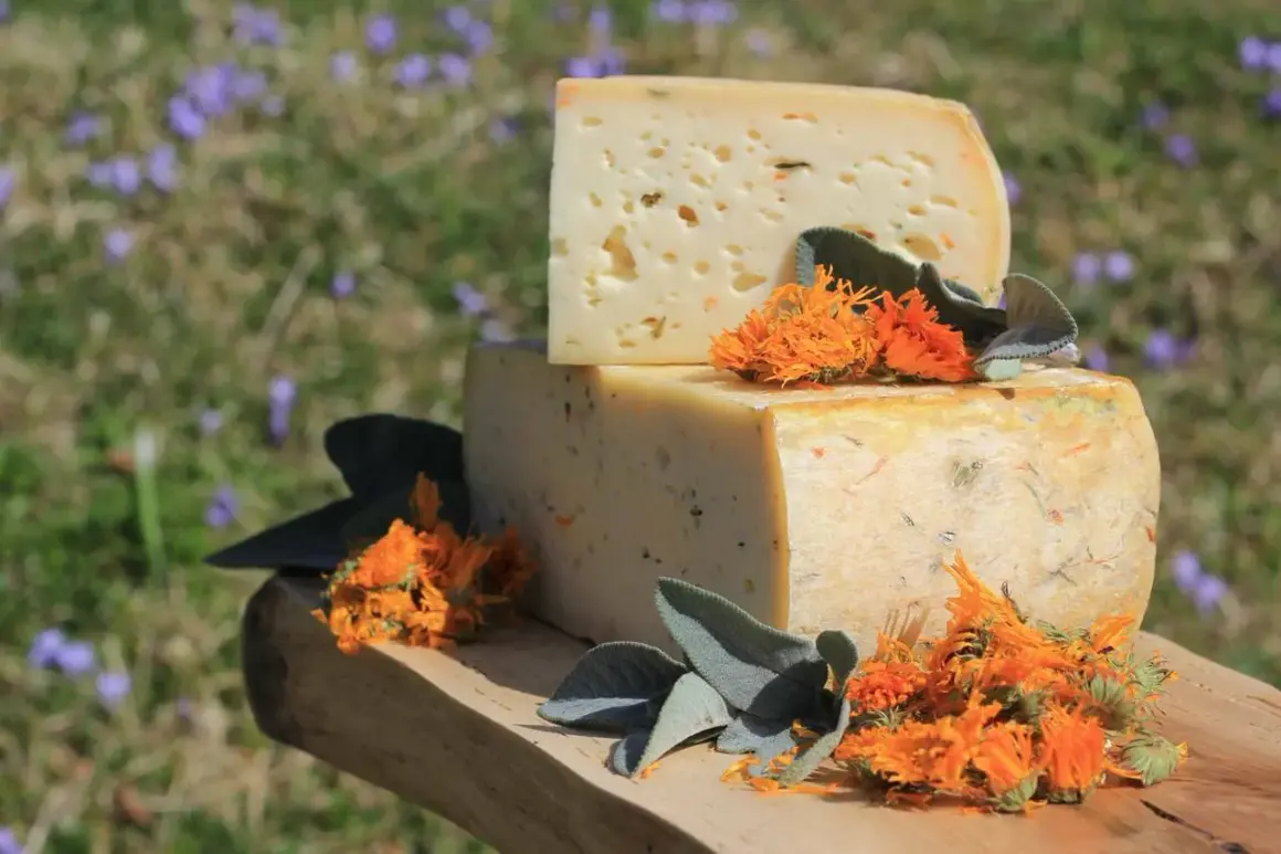 Due blocchi di formaggi di montagna, uno sopra l'altro, decorati con fiori arancioni e foglie verdi su un tagliere di legno.