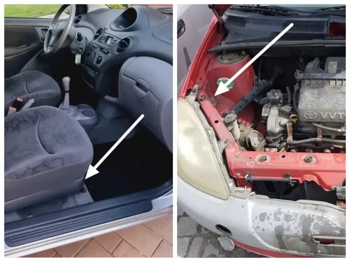 Wnętrze Toyoty i komora silnika. Strzałka wskazuje miejsce z numerem VIN, który pomoże ustalić toyota kod lakieru.