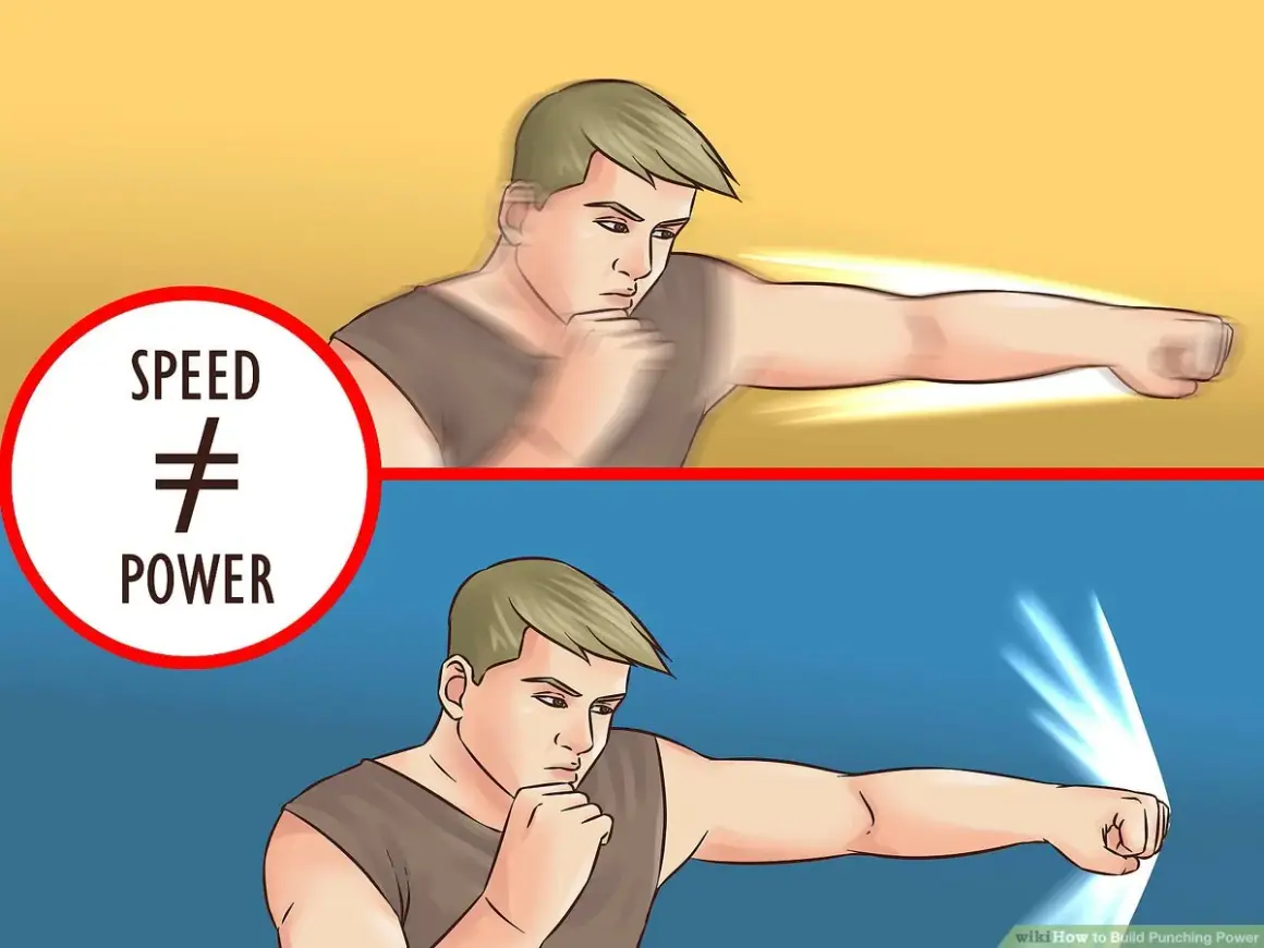 A boxer demonstrates the difference between speed and power. The top panel shows a blurred punch, while the bottom shows a focused, powerful puncher.