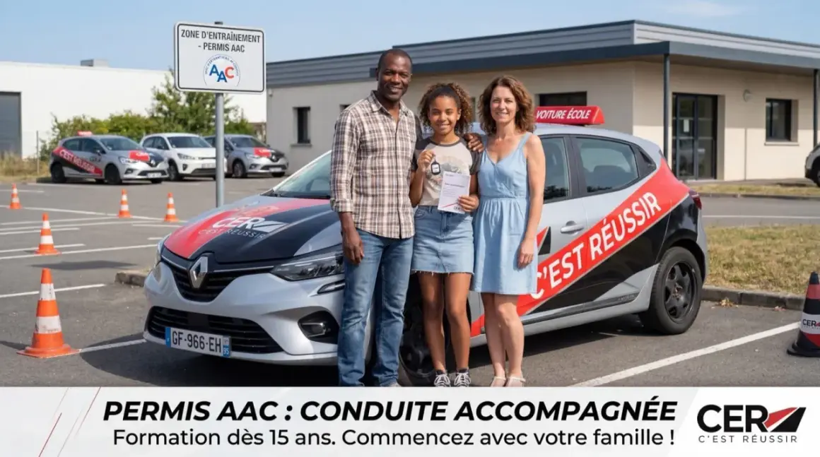 Famille souriante devant une voiture d'auto-école CER, prête pour la conduite accompagnée. La jeune fille tient sa clé et son attestation.