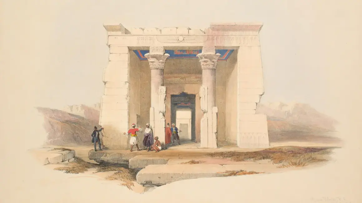 A watercolor painting depicts the ancient Temple of Dendur, with figures in traditional attire gathered near its entrance.