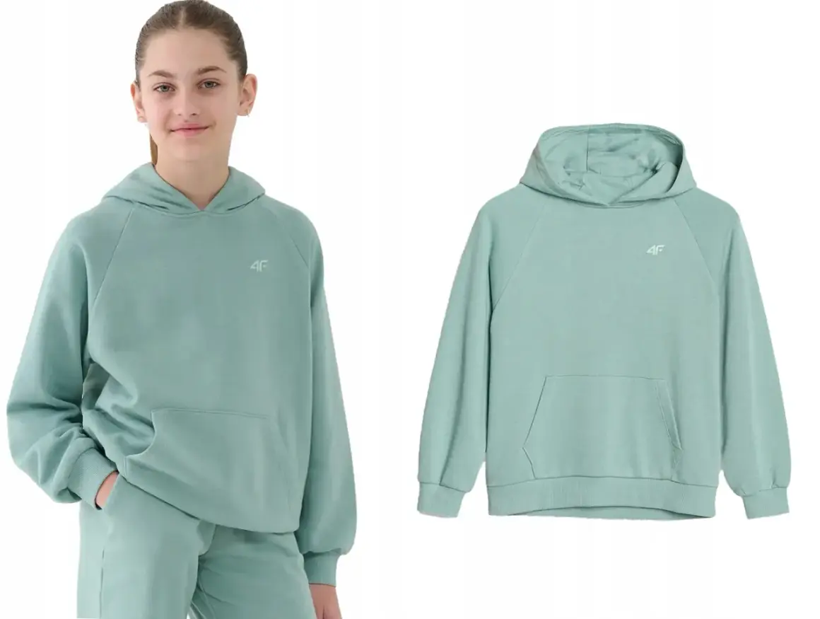 Dziewczynka w miętowej bluzie oversize z kapturem i kieszenią kangurką. Obok bluza bez modelki.