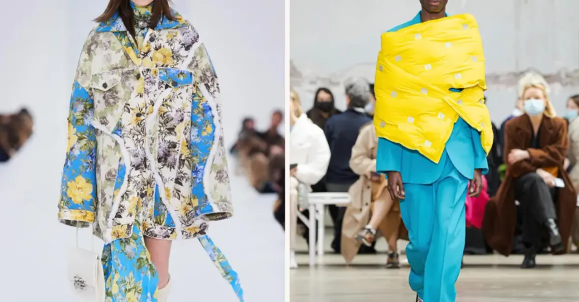Balenciaga models visar upp unika, blommiga jackor och en modell i turkost med en stor, gul scarf.