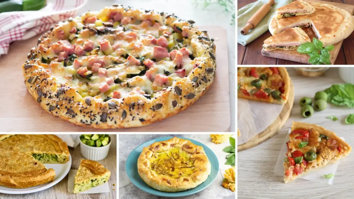 Varie torte salate: una con prosciutto e zucchine, una chiusa, una con pomodorini e olive, una con zucchine e una con fiori di zucca.