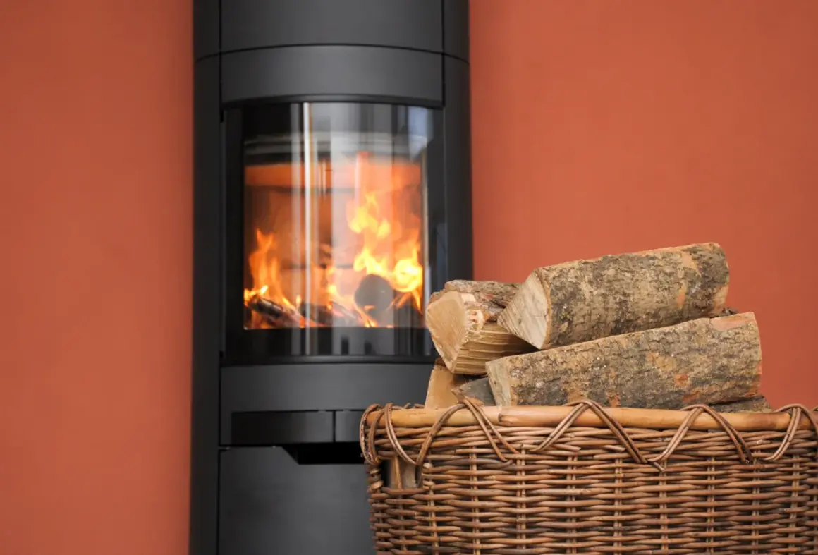Ein moderner Kamin mit brennendem Feuer und einem Korb voller Holzscheite. Die Kamin Funktionsweise wird durch die sichtbaren Flammen und das bereitliegende Brennmaterial verdeutlicht.