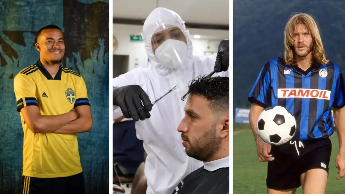 Snygga fotbollsspelare: en i svensk landslagströja, en som klipps i skyddsutrustning, och en med långt hår som håller en fotboll.