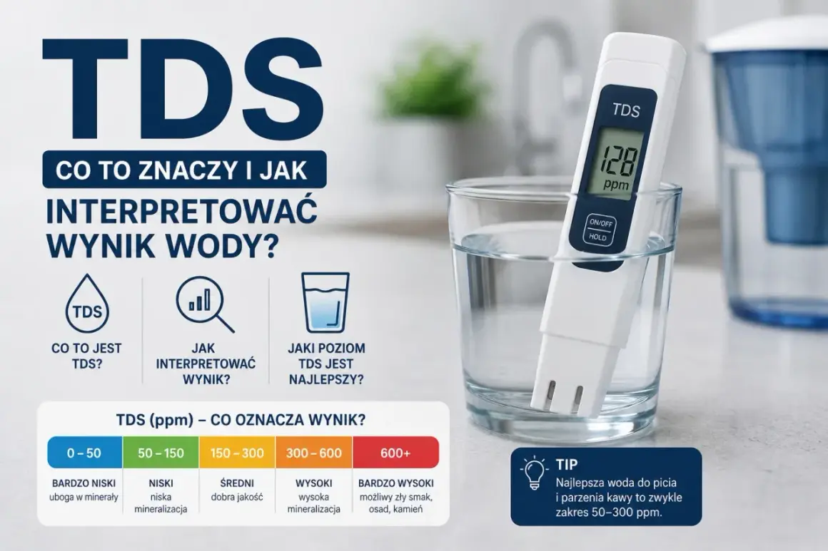 Miernik TDS pokazuje 128 ppm. Twardość wody w ppm jest kluczowa dla interpretacji wyników. Woda o niskiej mineralizacji jest uboga w minerały.