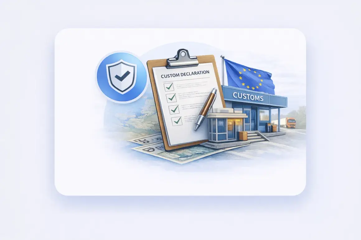 Dokument "Custom Declaration" na tle budynku celnego z flagą UE. Odprawa fiskalna przebiega sprawnie.