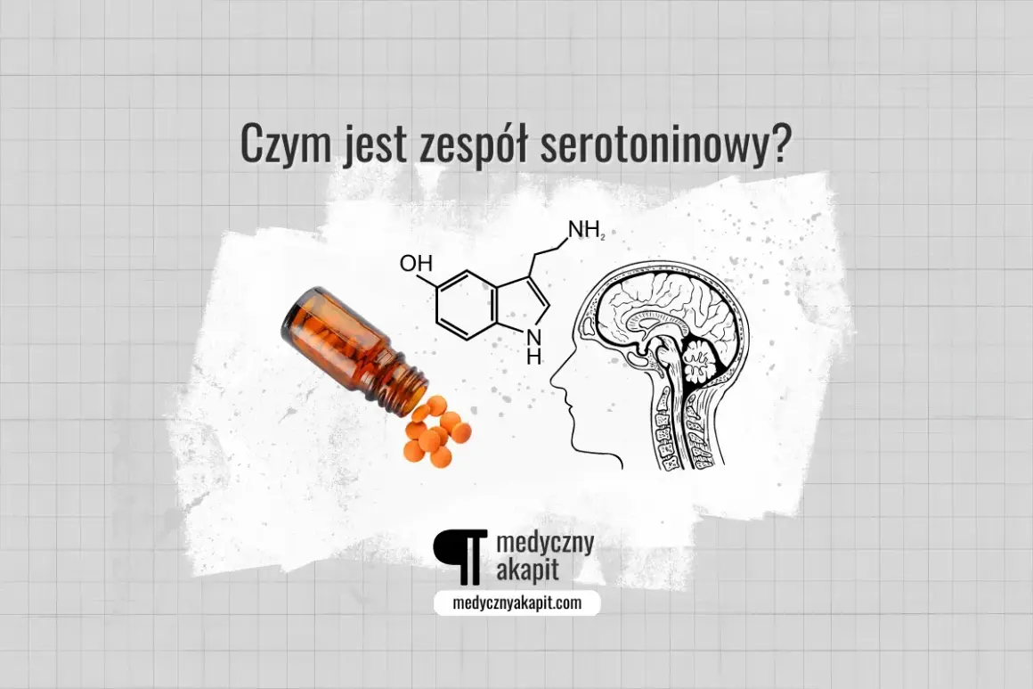 Pigułki wypadające z buteleczki, wzór chemiczny serotoniny i przekrój mózgu. Temat: zespół serotoninowy objawy.