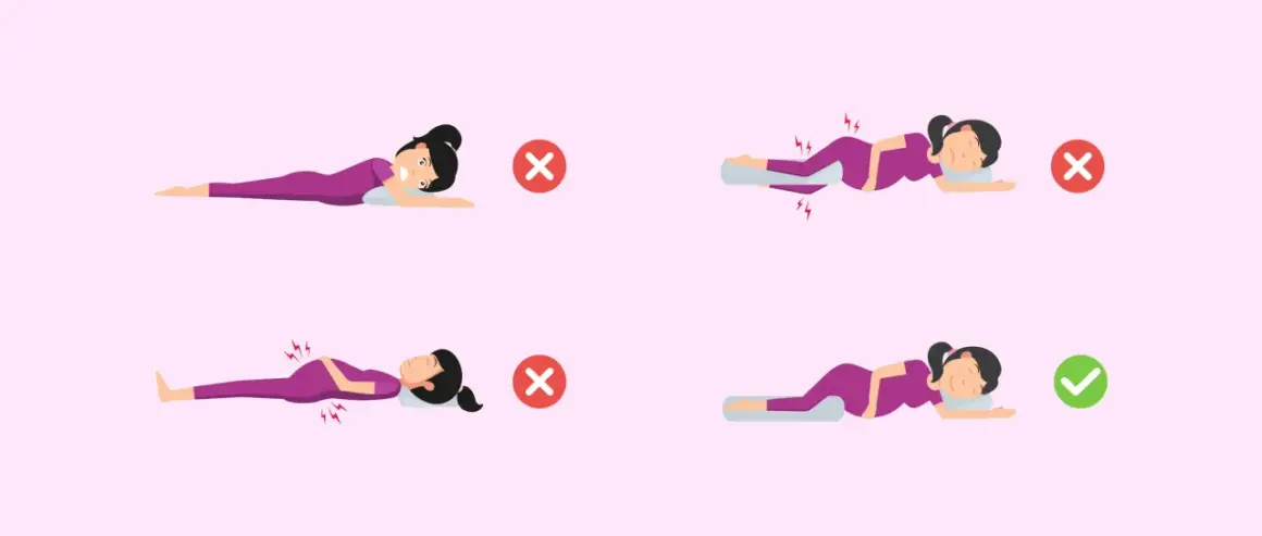 Posiciones correctas e incorrectas para dormir durante el embarazo. Evita presionar la vena cava durmiendo de lado con almohadas.