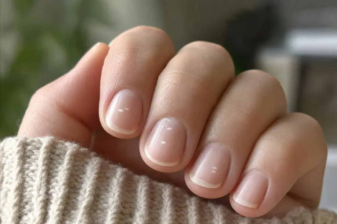 Dita con unghie naturali e una leggera ricrescita unghie dopo una settimana, con piccoli puntini bianchi visibili.