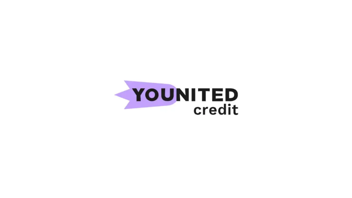 Logo von younited credit mit einem lila Pfeil und schwarzer Schrift.