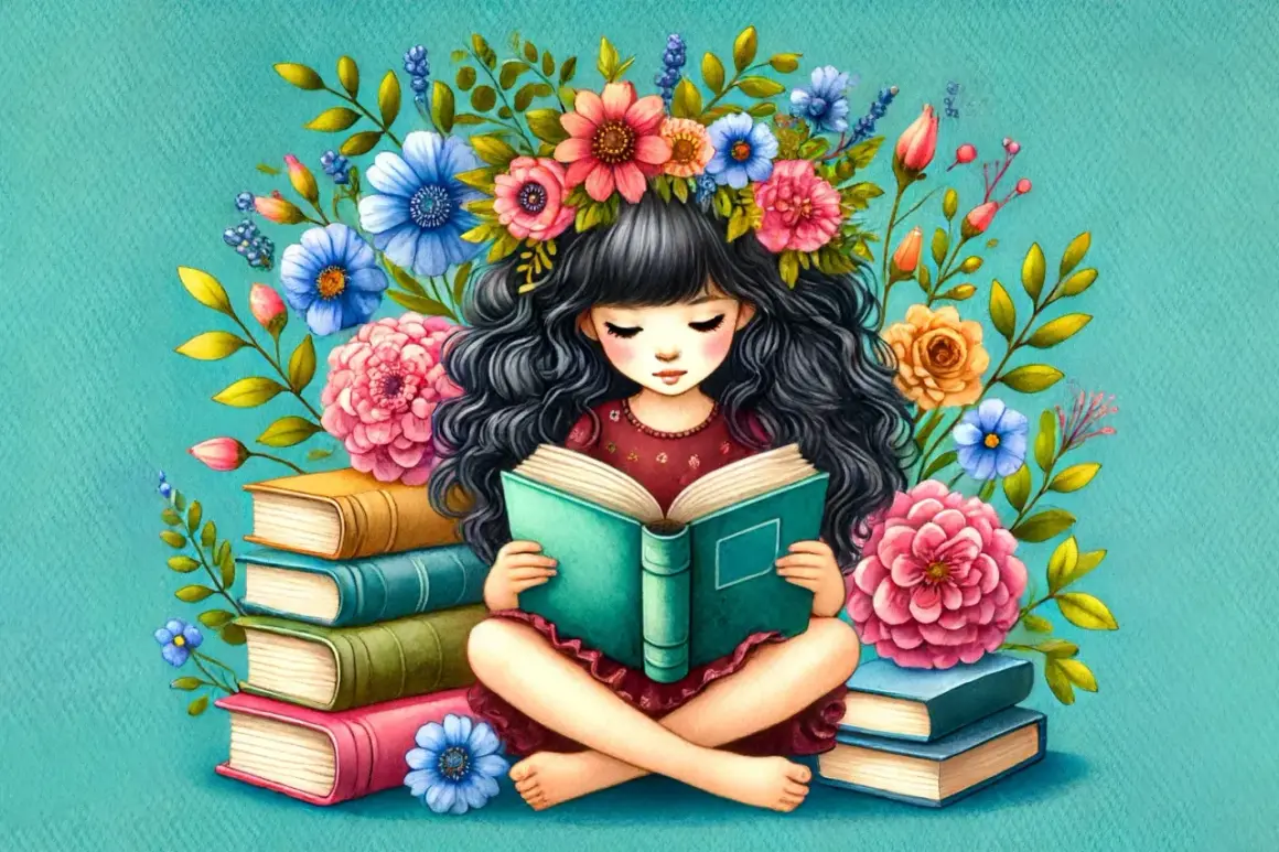 Ein Mädchen mit Blumenkranz sitzt im Schneidersitz und liest ein Buch. Um sie herum stapeln sich Bücher und bunte Blumen. Ein Bild für literarisches Lernen.