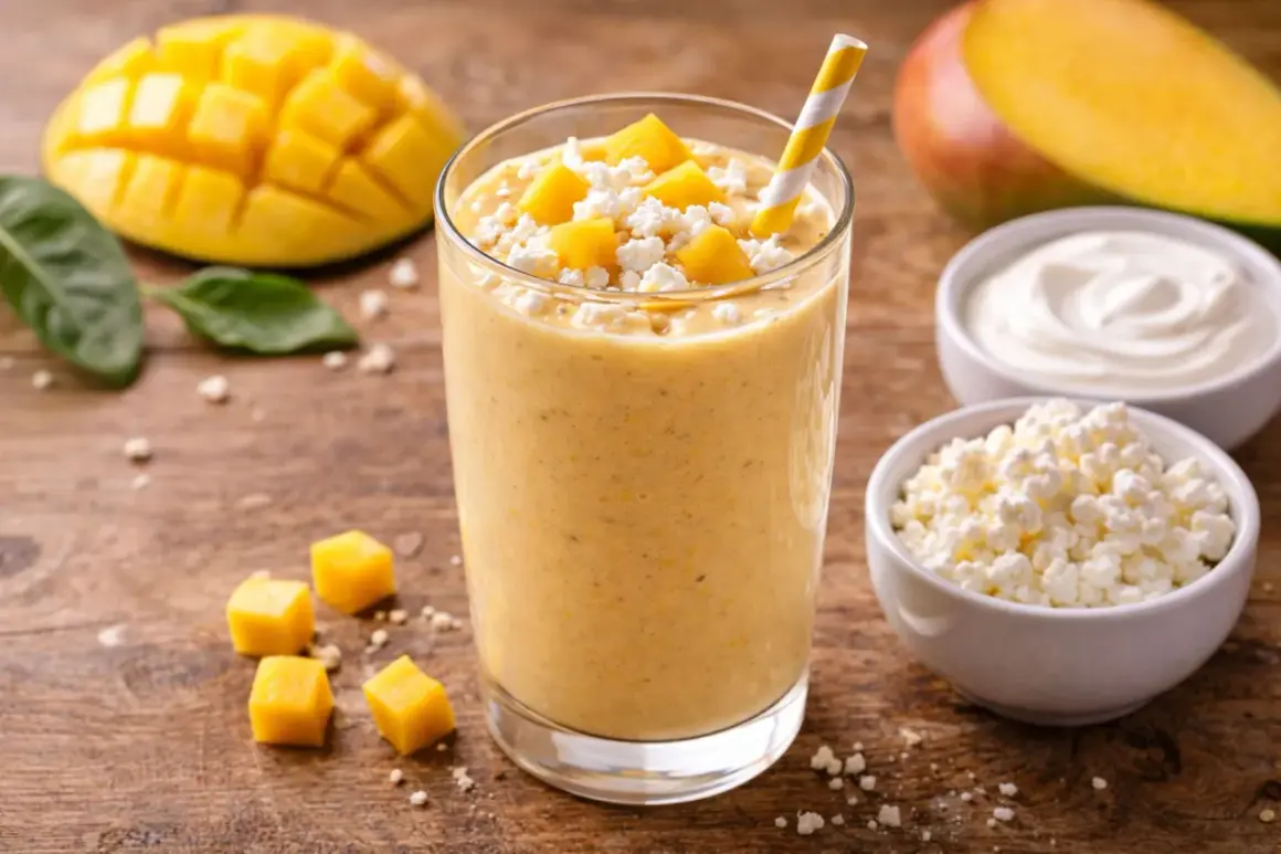 Orzeźwiający koktajl z mango, udekorowany kostkami owocu i białym serem. Obok leżą kawałki mango i miseczki z jogurtem i serem.