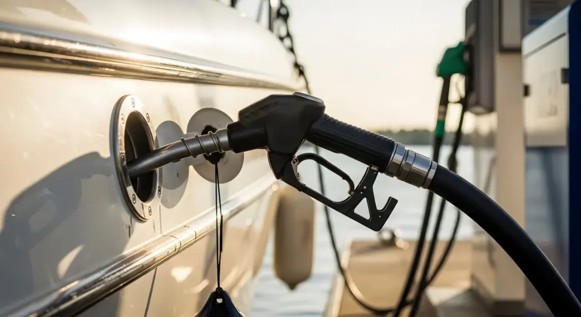 Pompa di rifornimento inserita nello scafo di una barca, con il sole che illumina la scena. Il costo del gasolio nautico è un pensiero comune.