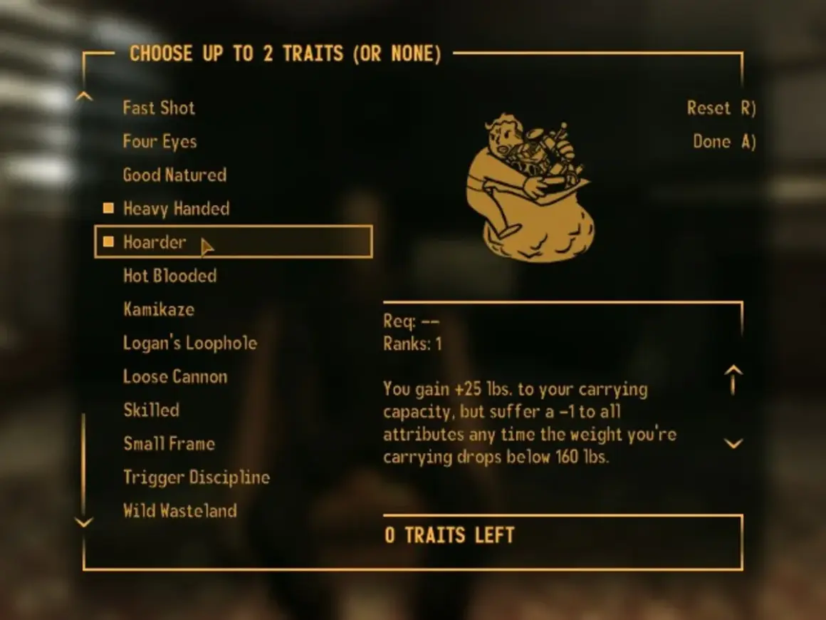 Wybór cechy "Hoarder" w Fallout: New Vegas. Zwiększa udźwig, ale obniża atrybuty, gdy ekwipunek jest lekki.
