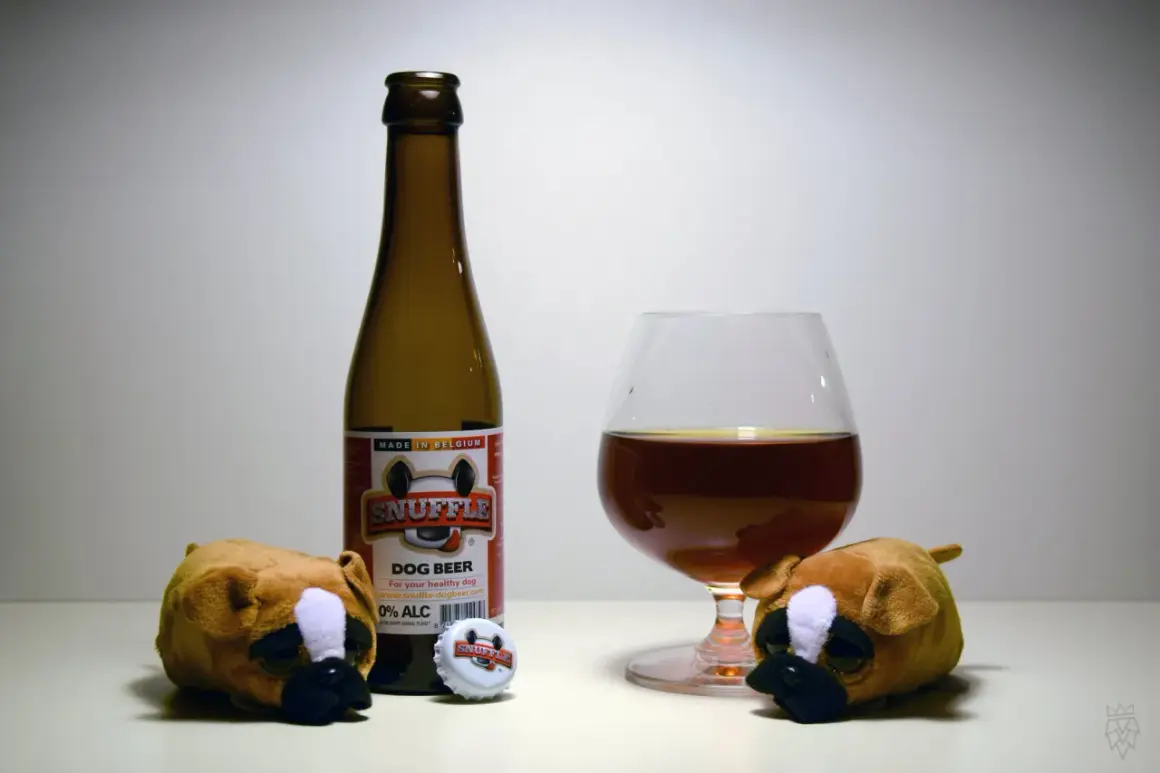 Dwa pluszowe pieski patrzą na butelkę piwa "Snuffle Dog Beer" i kieliszek z bursztynowym płynem. Czy pies może pić piwo? To piwo jest dla psów!