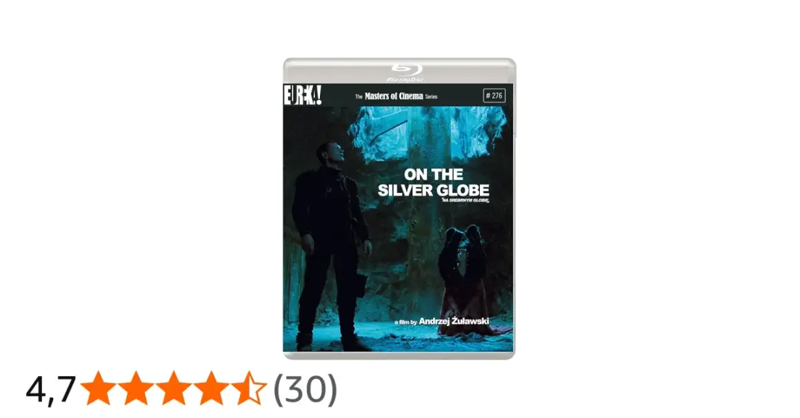 Na srebrnym globie, film Andrzeja Żuławskiego. Mroczna okładka Blu-ray z postacią w niebieskim świetle.