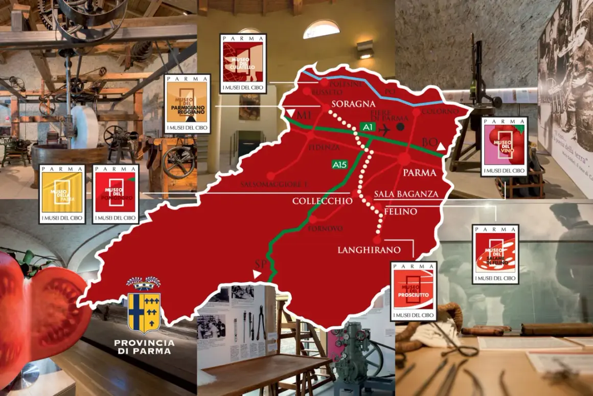 Mappa dei Musei del Cibo di Parma, con immagini di pasta, pomodoro, culatello, parmigiano, vino, prosciutto e salame.