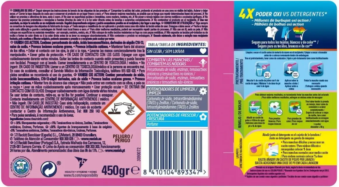 Opakowanie Vanish Oxi Action z instrukcją użycia i ikonami.