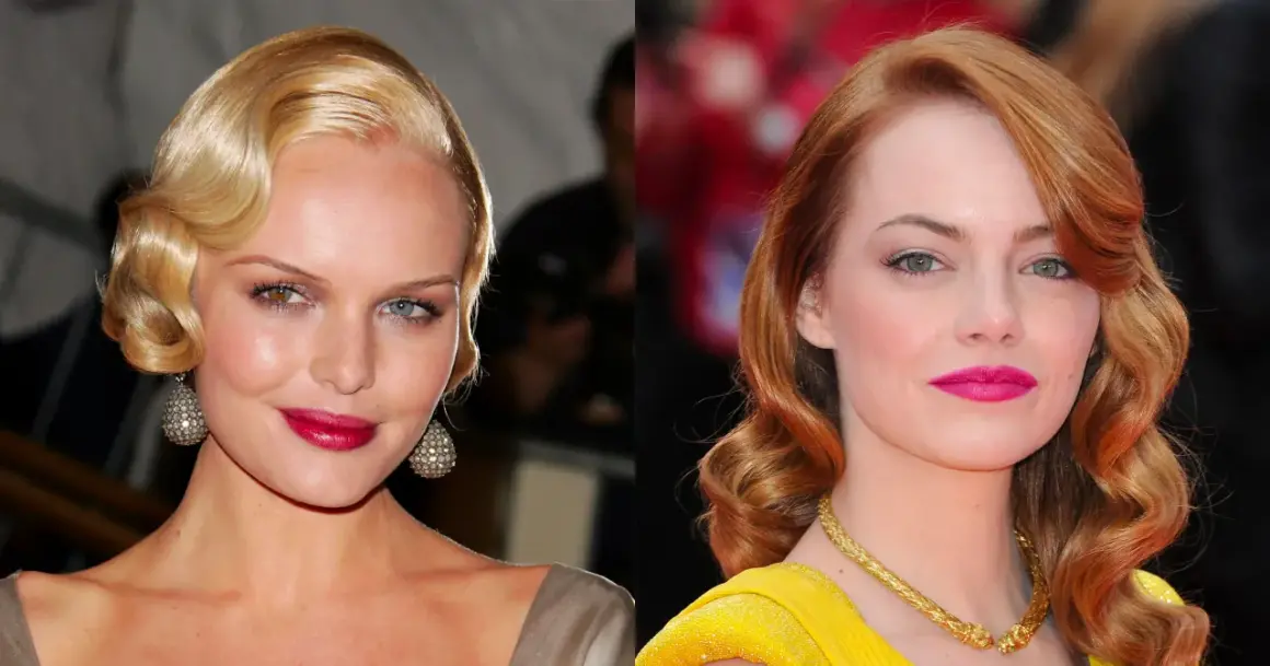 Dos mujeres con peinados años 20: una rubia con ondas marcadas y otra pelirroja con rizos elegantes.