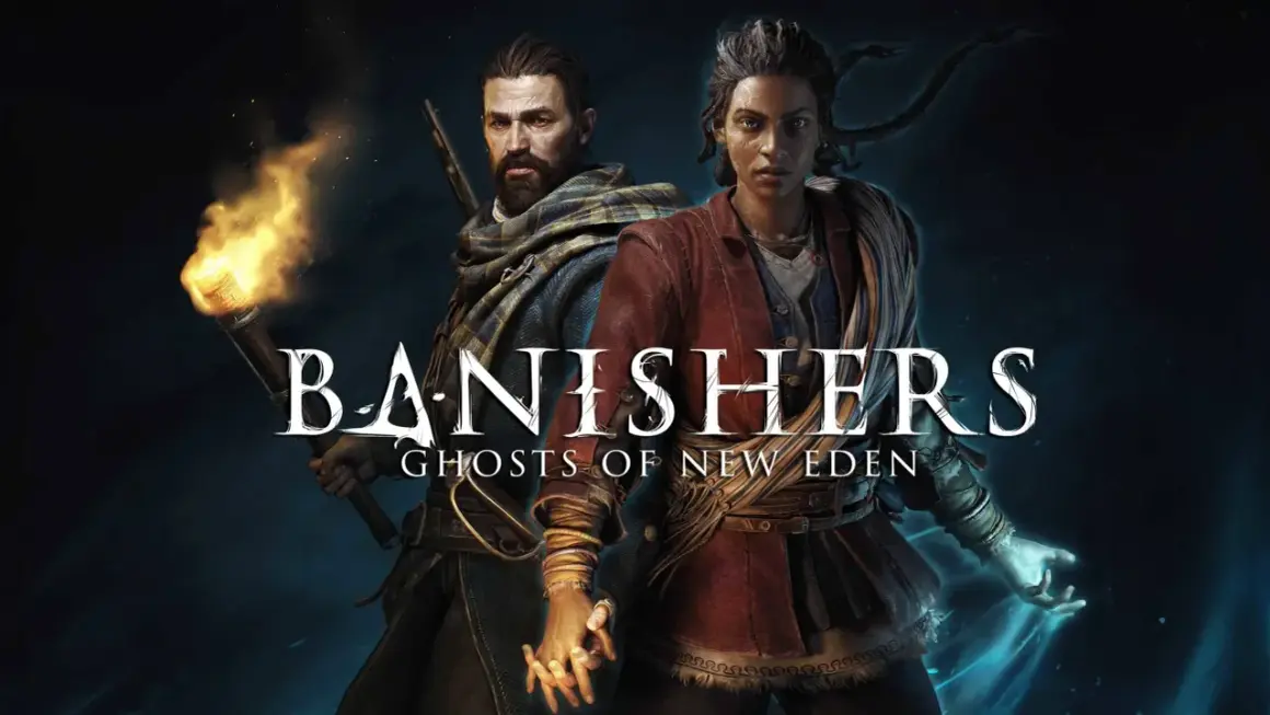 Zwei Charaktere, ein Mann mit Fackel und eine Frau mit magischer Hand, halten sich an den Händen. Das Logo "Banishers: Ghosts of New Eden" ist prominent platziert.