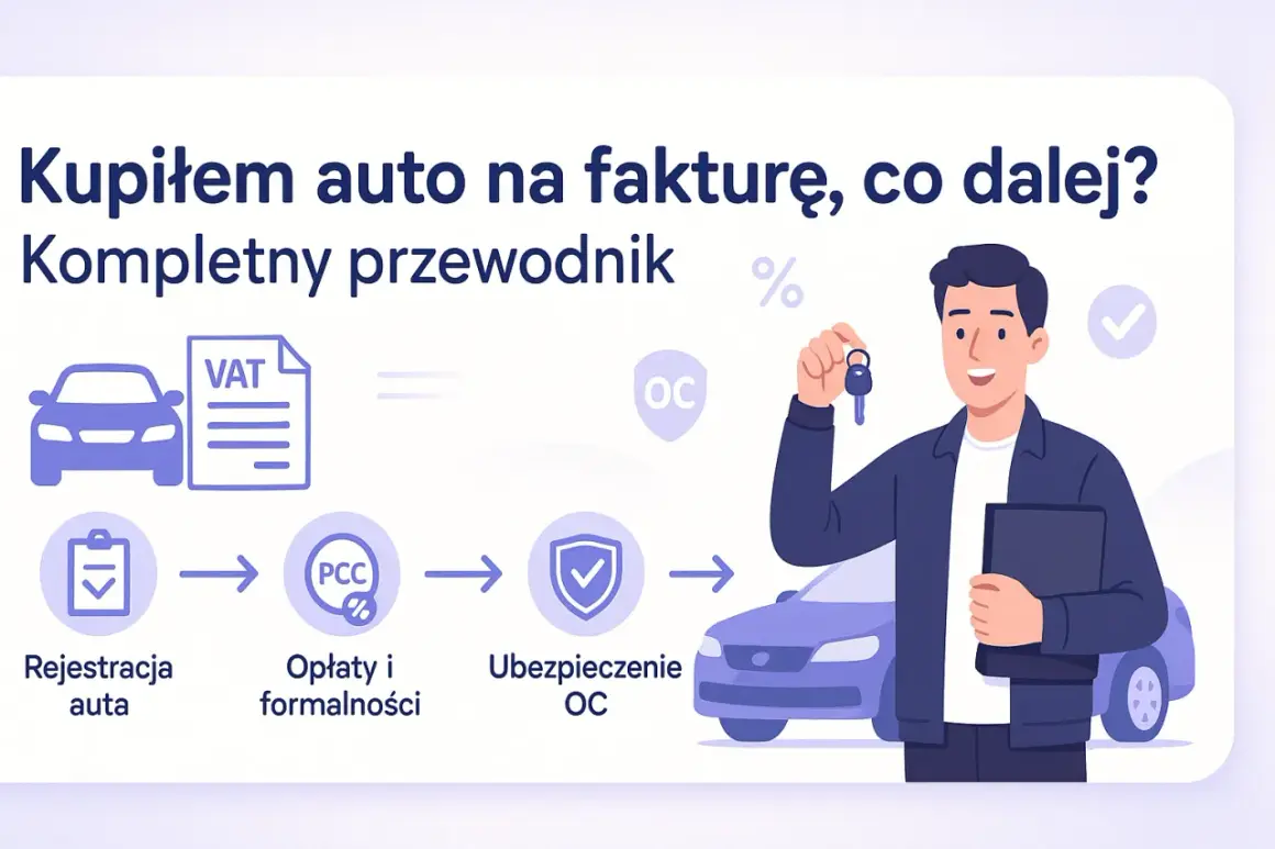 Zakup samochodu na fakturę przez osobę fizyczną: rejestracja, opłaty PCC, ubezpieczenie OC. Mężczyzna z kluczykami i dokumentami.