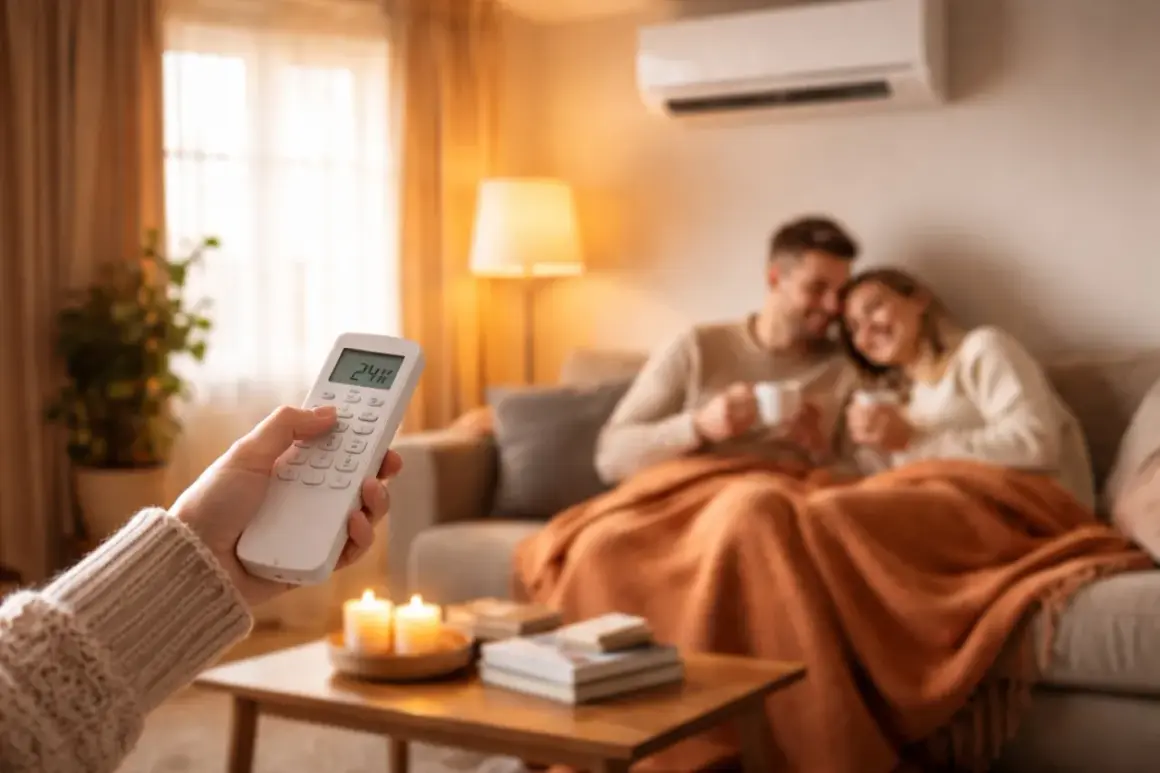 Main tenant ajuste la télécommande clim Toshiba en mode chauffage pour un confort optimal.