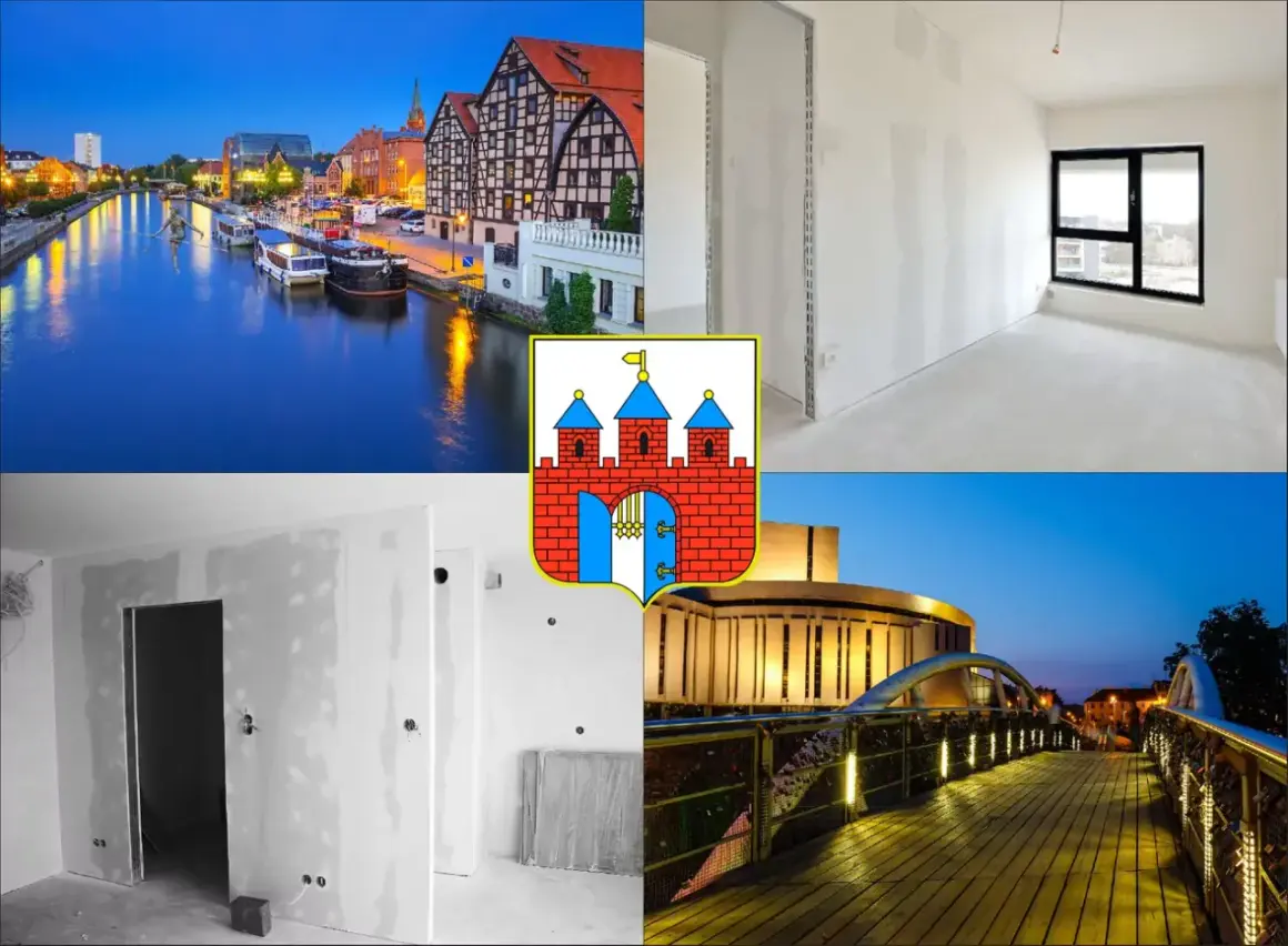 Bydgoszcz: kanał, budynek, herb miasta, wnętrza w remoncie, most.