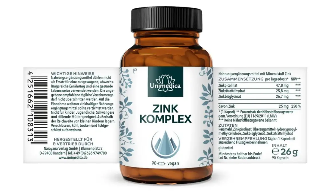 Zink Komplex Kapseln von Unimedica. Die Zinkpicolinat, Zinkcitrat und Zinkbisglycinat Wirkung wird hier hervorgehoben. 90 vegane Kapseln.