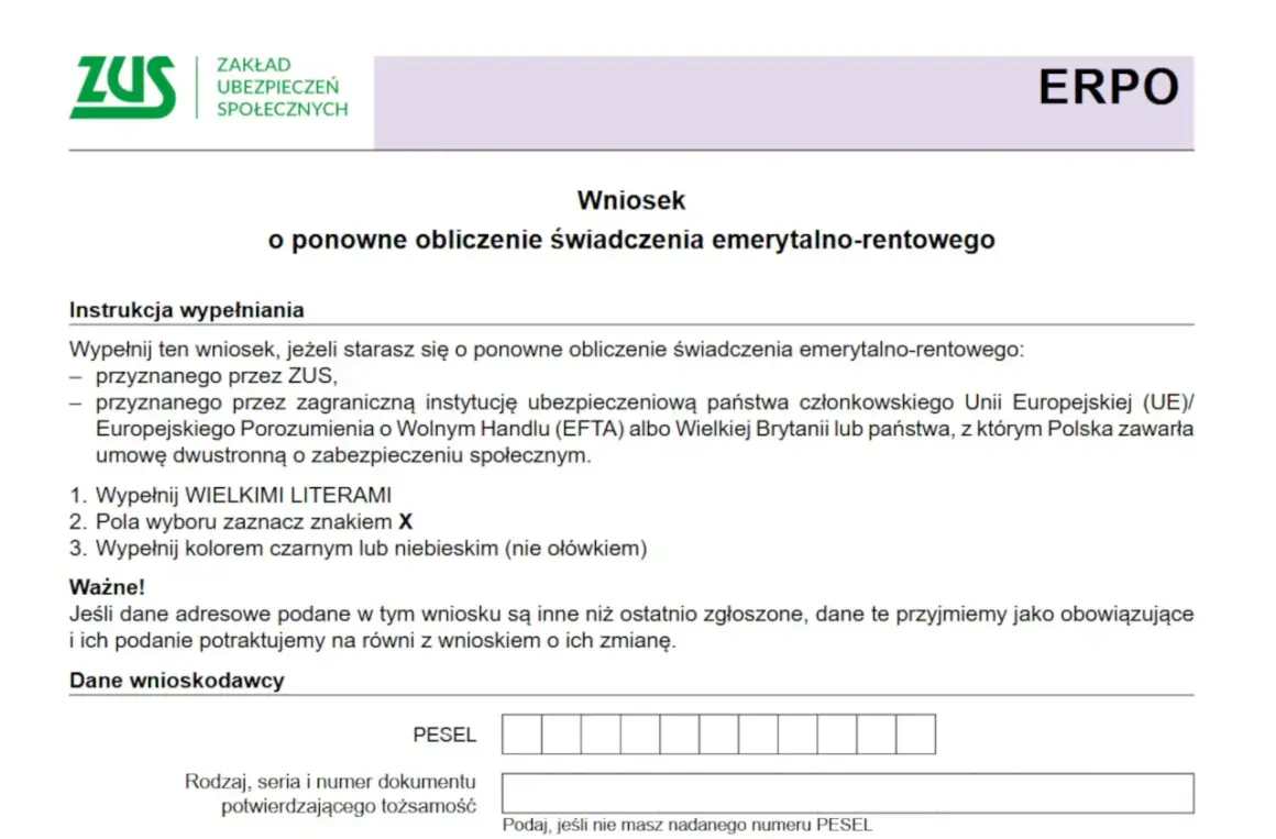 Wniosek o ponowne obliczenie świadczenia emerytalno-rentowego. Instrukcja wypełniania formularza ZUS.