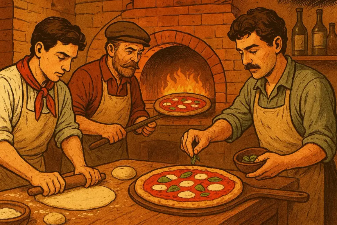 Trzech kucharzy w tradycyjnych strojach przygotowuje pizzę przy piecu. Czy to oni wymyślili pizzę?