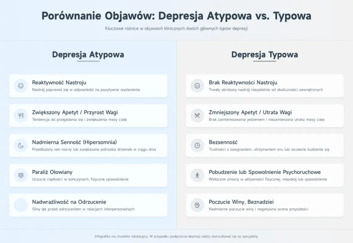 Porównanie objawów depresji atypowej i typowej: reaktywność nastroju, apetyt, senność, paraliż ołowiany, nadwrażliwość na odrzucenie.