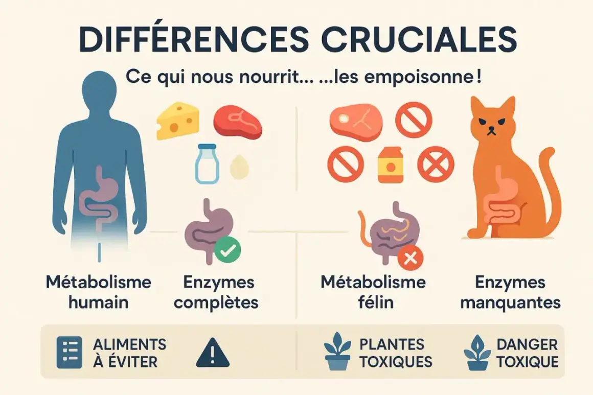 Illustration comparant le métabolisme humain et félin. Ce qui nourrit l'homme peut être un poison pour chat, avec des aliments à éviter et des plantes toxiques.