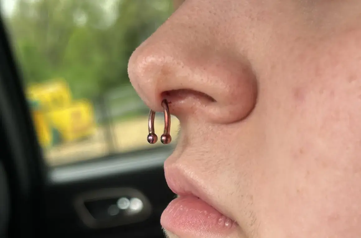 Metalowy kolczyk w nosie, w tym w przegrodzie nosowej (septum), z dwoma kulkami. Wygląda na to, że jest to idealne miejsce na taki dodatek, czyli sweet spot septum.