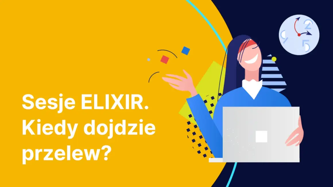 Uśmiechnięta osoba z laptopem czeka na przelew w sesjach ELIX. Zegar wskazuje, że czas płynie.