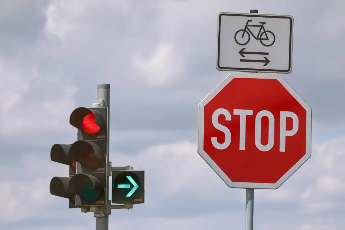 Ampel zeigt Rot, daneben ein Stoppschild. Wie lange halten? Radweg-Schild darüber.