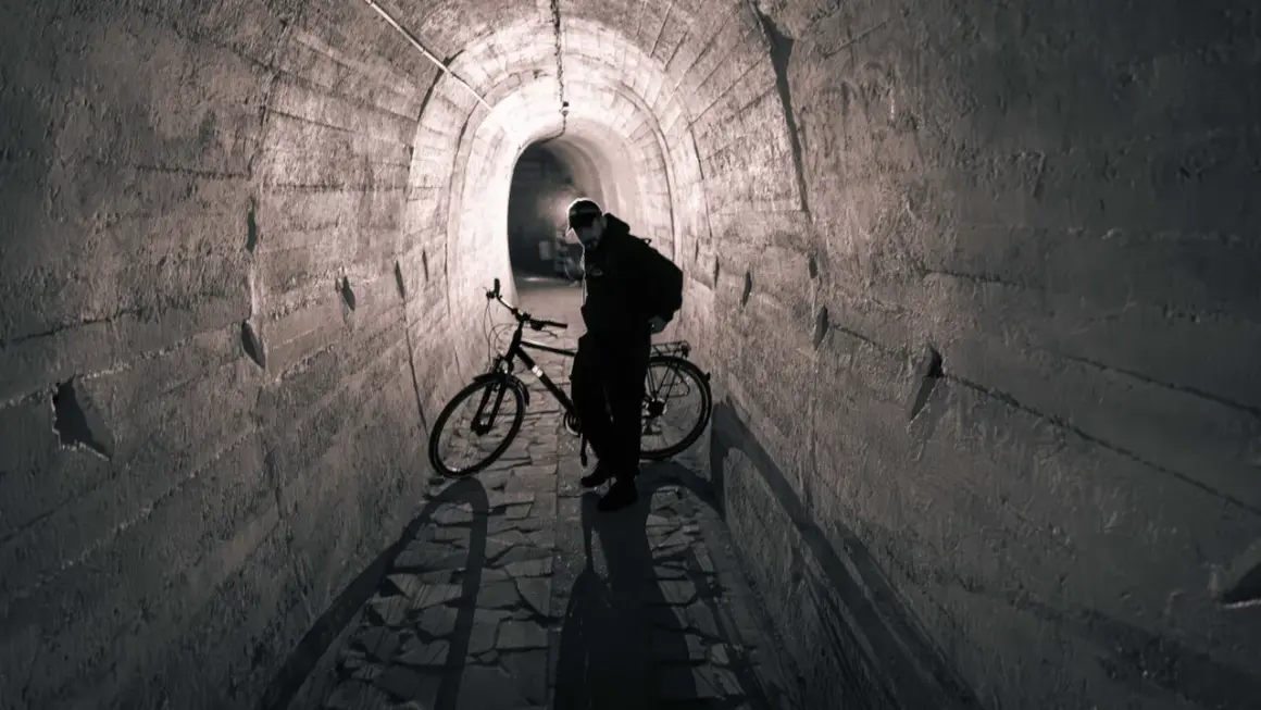 Mężczyzna z rowerem w tunelu. To może być początek jego przygody na podziemnej trasie rowerowej.