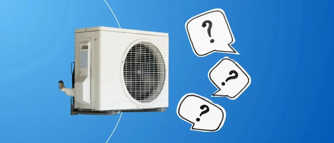 Unité extérieure de pompe à chaleur air eau. Des bulles de dialogue avec des points d'interrogation suggèrent des questions sur les avis.