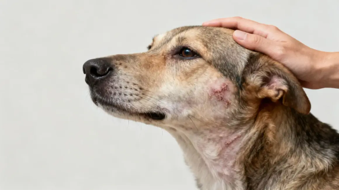 Perro con sarna en la cara, mostrando irritación y costras. Una mano acaricia su cabeza con ternura.
