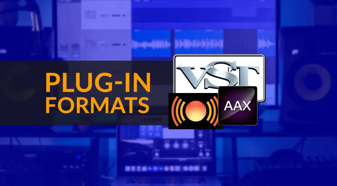 Logos de formatos de plug-in, incluyendo VST, AAX y uno con ondas de sonido. El texto "PLUG-IN FORMATS" aparece en naranja.