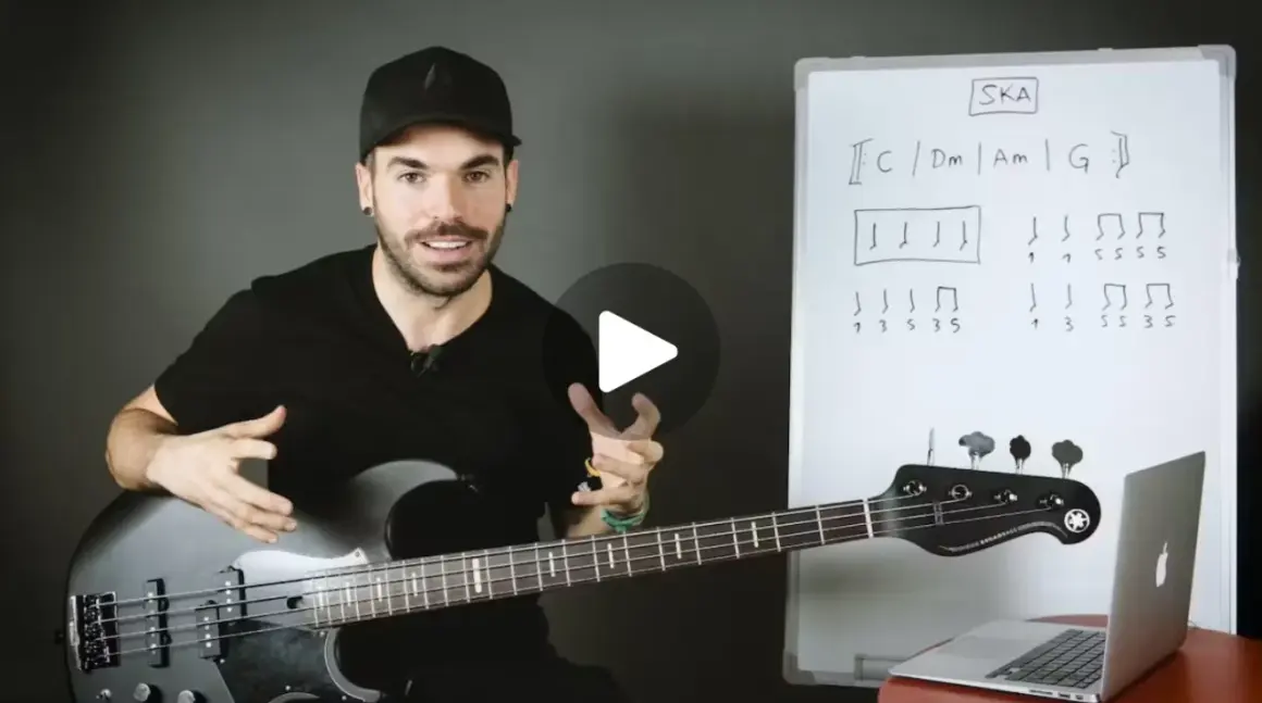 Hombre con bajo explica qué es el ska con un diagrama musical en una pizarra.