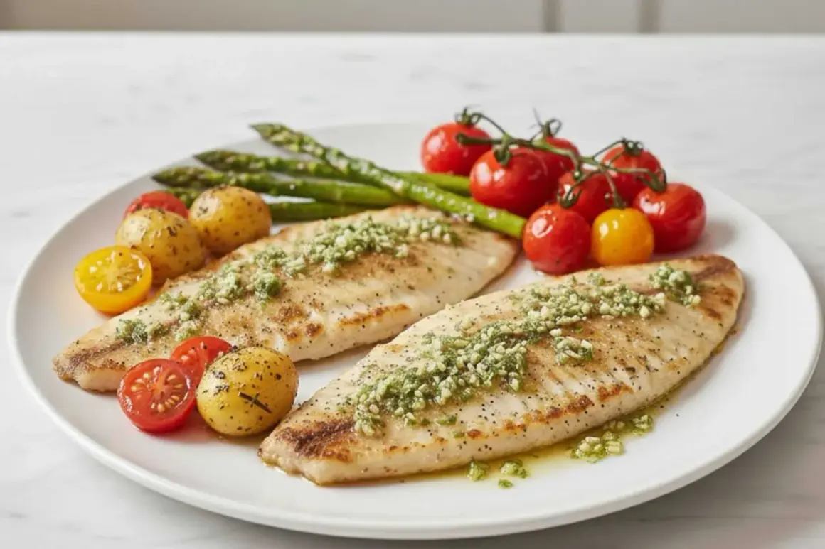 Dos filetes de merluza a la plancha con hierbas, acompañados de patatas pequeñas, espárragos y tomates cherry.